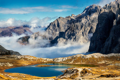 Panoramic view of lake and mountains against sky