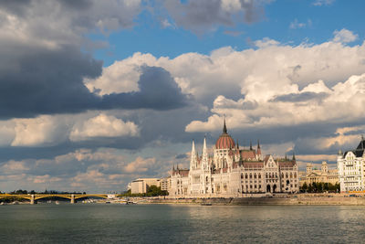 Parliament building in budapest at sunset, with the danube in the foreground.