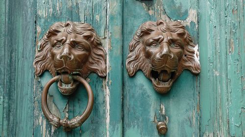 Two bronze lion-head door knockers mounted on a worn, green-painted wooden door.