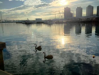 Reflection of built structures in water at sunset