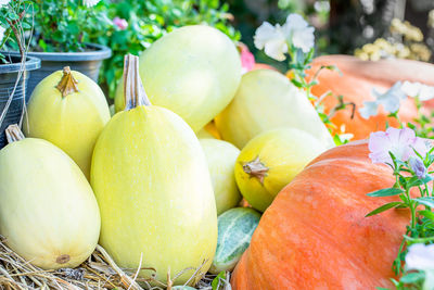 Close-up of fresh fruits and vegetables in market stall