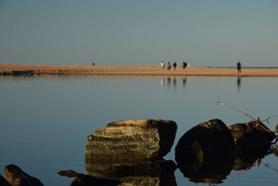 Group of people on rocks by sea against clear sky