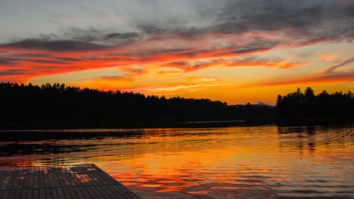 Scenic view of lake against orange sky