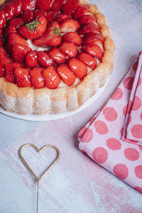 High angle view of strawberry cake