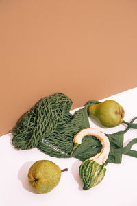 Package-free food shopping. eco friendly natural bag with organic pears and pumpkin. 