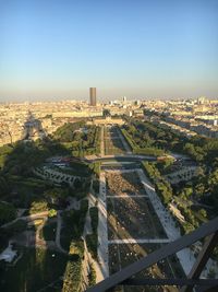 High angle view of buildings in city against clear sky