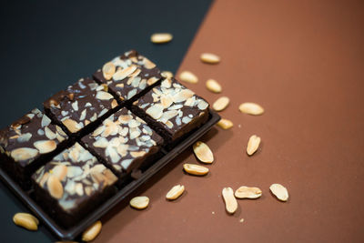 High angle view of chocolate cake on table