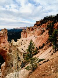 Rock formations on landscape against cloudy sky