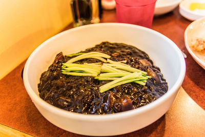 High angle view of meal served on table