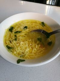 Close-up of noodles in bowl on table