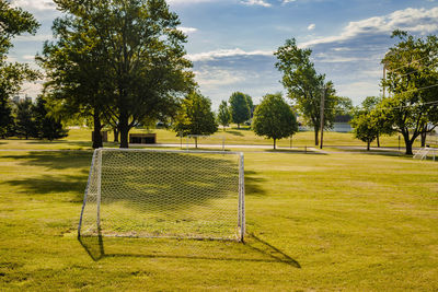 A view of a youth soccer field in a city park