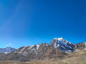 Scenic view of rocky mountains against clear blue sky