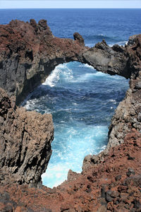 Rock formations by sea against sky