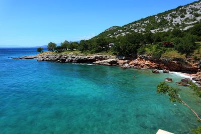 Scenic view of sea against clear blue sky