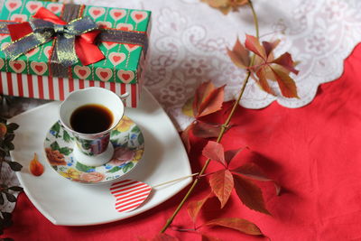 High angle view of coffee on table