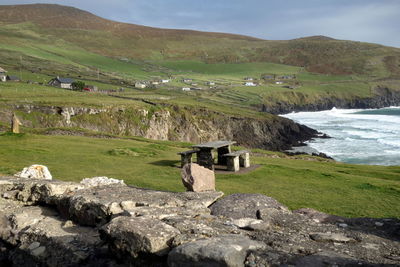 Scenic view of green landscape and sea against sky