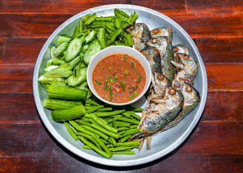 High angle view of salad in bowl on table