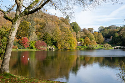 View of the autumn colours around the lake at stourhead gardens in wiltshire.