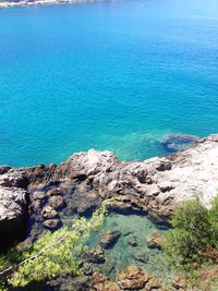 Scenic view of sea against blue sky