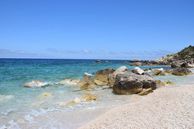 Scenic view of sea against clear blue sky