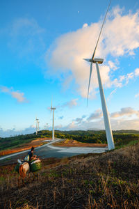 Wind turbines on grassy field