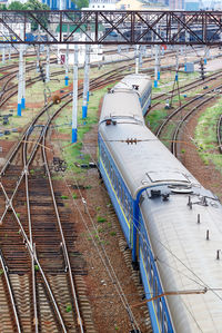 High angle view of train at railroad tracks