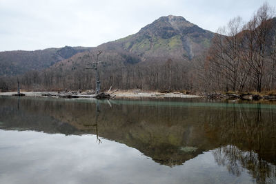 Scenic view of lake by mountains against sky