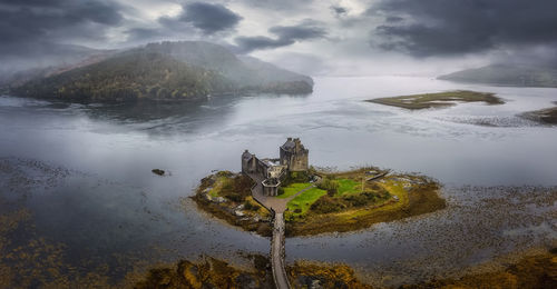 Aerial view of castle on island