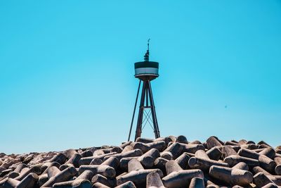 Low angle view of lighthouse against clear blue sky