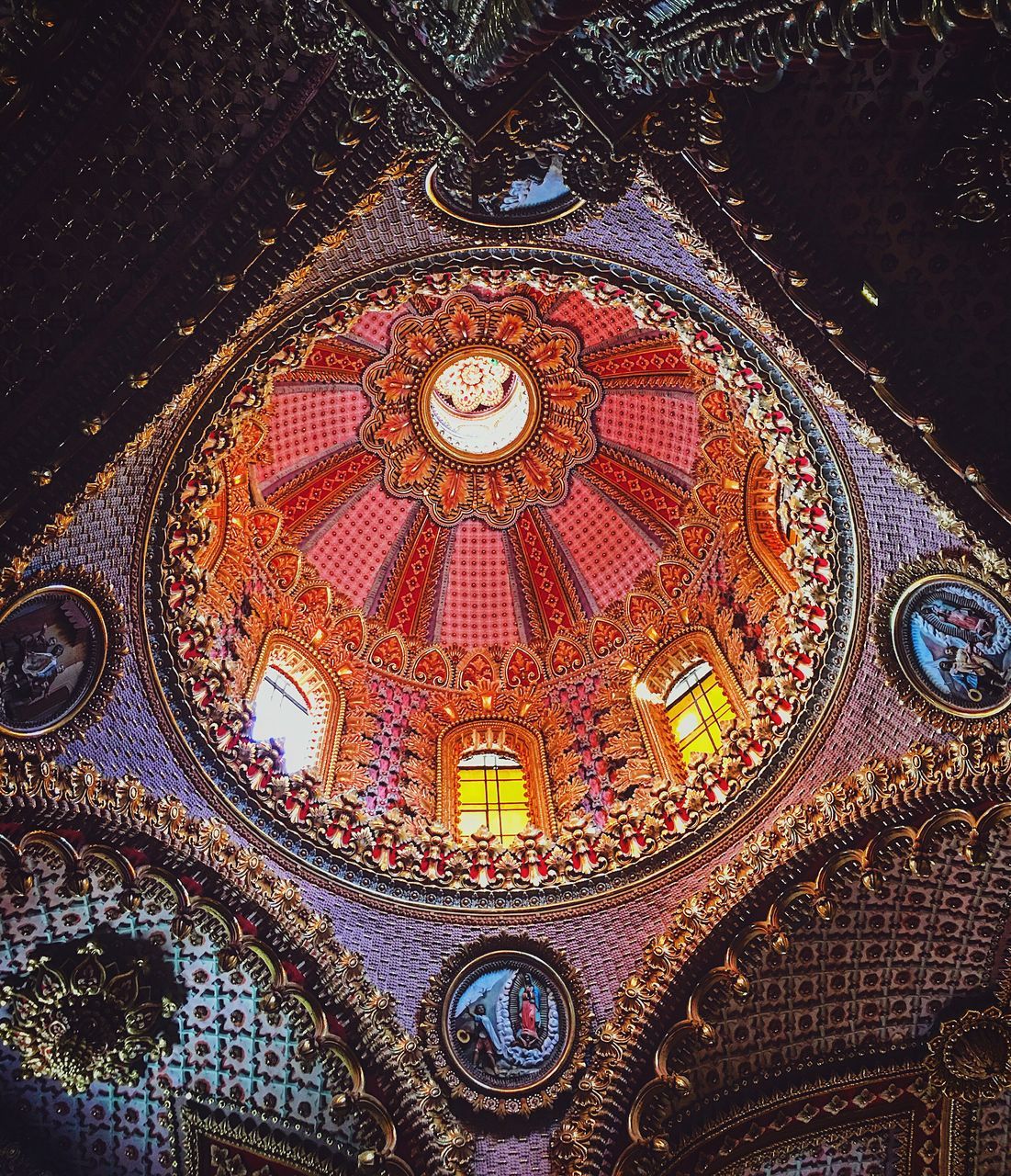 ceiling, dome, religion, place of worship, architecture, indoors, low angle view, travel destinations, built structure, spirituality, multi colored, no people, cupola, day, illuminated