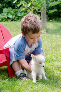 Toddler is picking up small dog as he sits in his red chair