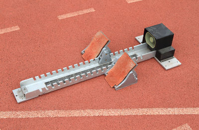 High angle view of track starting block
