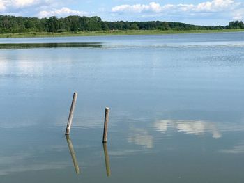 Wooden posts in lake against sky