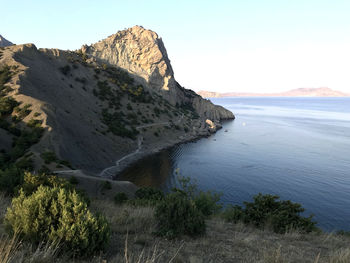Scenic view of bay against clear sky