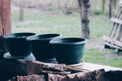 Close up of clay pots on window sill