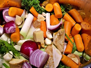 High angle view of chopped mushrooms and vegetables