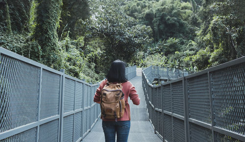 Rear view of woman standing on footbridge