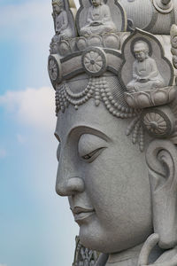 Close-up of buddha statue against building