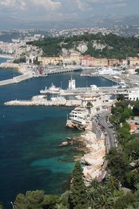 High angle view of boats in city