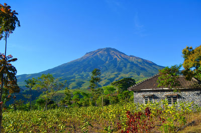 Scenic view of mountains against blue sky