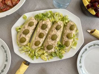 High angle view of food in plate on table