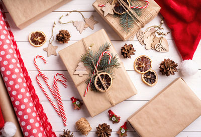 High angle view of christmas decoration on table