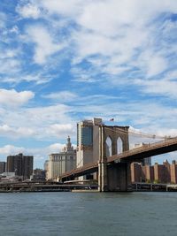 Bridge over river with city in background