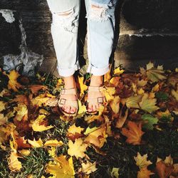 Rear view of woman standing in autumn leaves