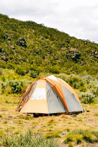 Tent on field by trees against mountains at mount kenya national park 