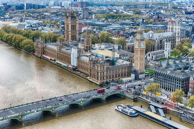 Aerial view of the river thames with westminster bridge, the big ben and the parliament, london, uk