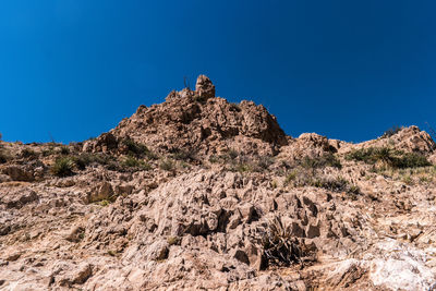 Low angle view of rocks against clear blue sky