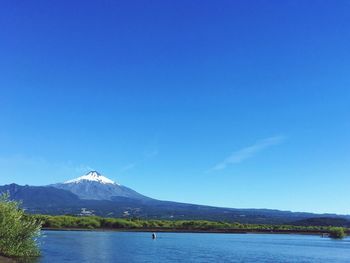 Scenic view of mountains against clear blue sky
