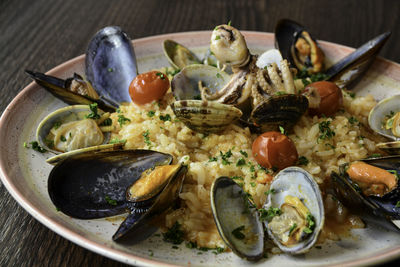 High angle view of seafood in plate on table