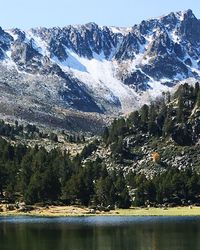 Scenic view of lake by snowcapped mountains against sky